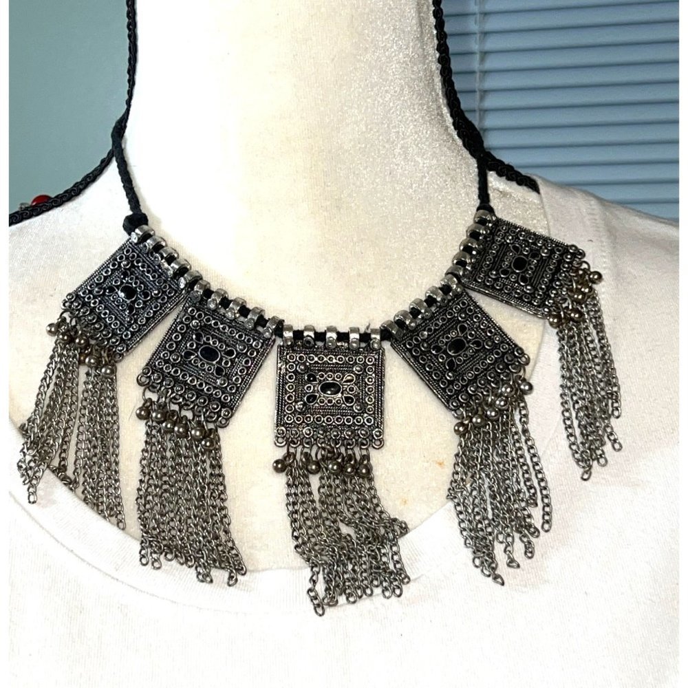 Artisan Silver Panels Tassel Statement Necklace -- 18"